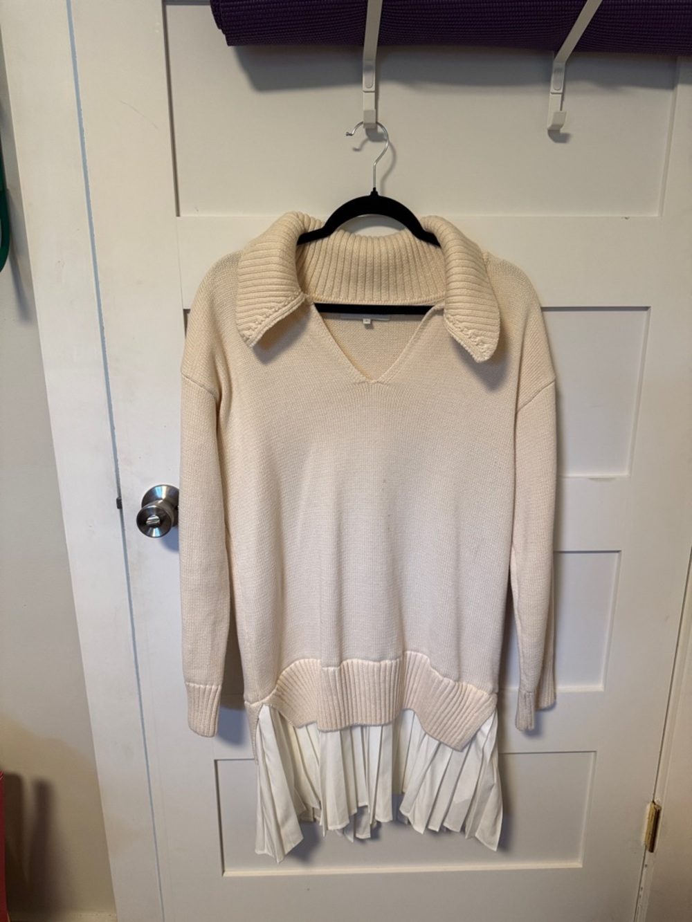 English Factory Cream Preppy V-Neck Sweater Dress with Pleated Hem